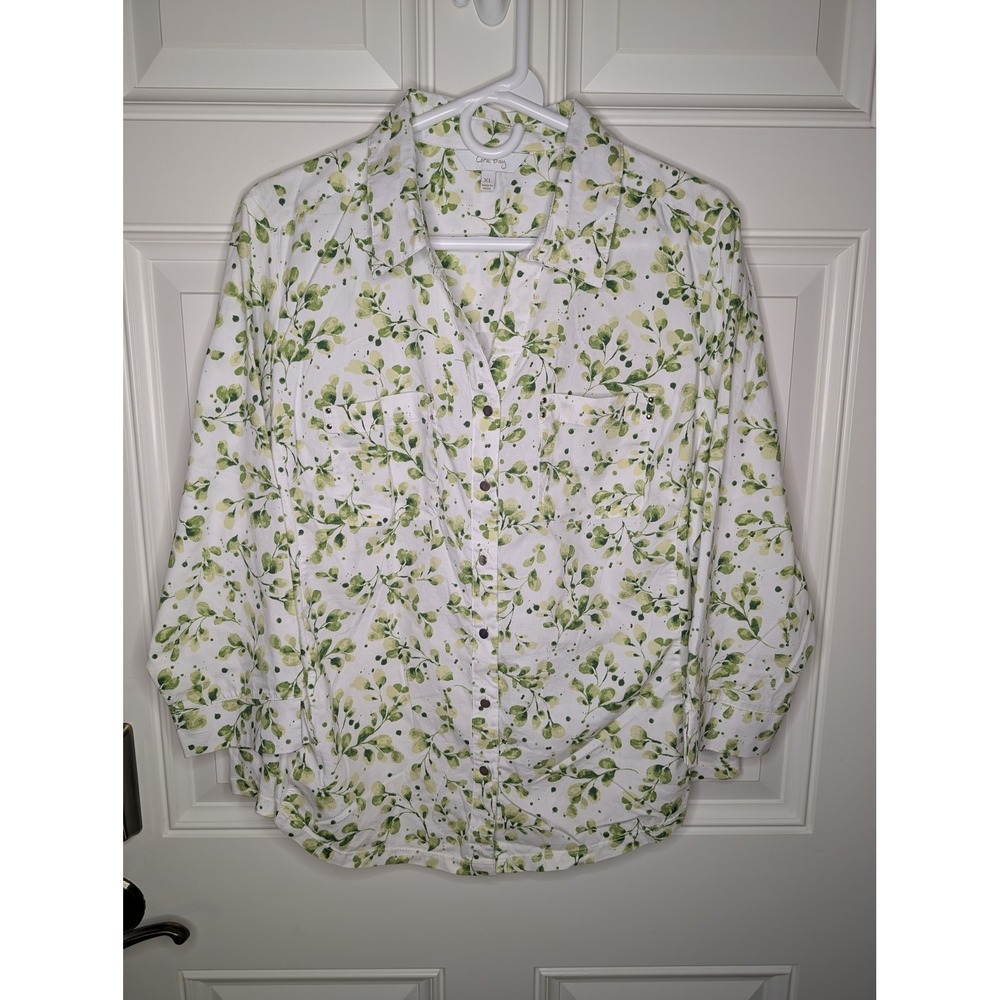 Coral Bay Womens XL White Green Botanical Leaf Print Button Up Shirt Long Sleeve
